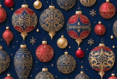 The primary subject of the image is a collection of Christmas ornaments. These ornaments are displayed in various shapes, sizes, and colors, creating a festive and vibrant scene. The setting is a blue background, which contrasts nicely with the ornaments. The visual style is a combination of digital art and illustration, giving the image a unique and creative appearance. The dominant colors are red, gold, and blue, which are commonly associated with Christmas decorations. Overall, the image conveys a joyful and celebr